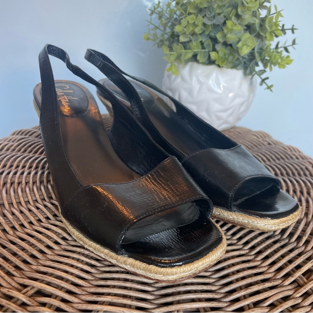 Cole Haan Black Peep-Toe Slingback Wedges - Picture 6 of 15
